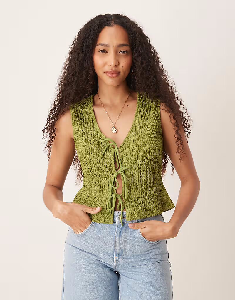 

Текстурный топ с завязками ASOS DESIGN зеленого цвета