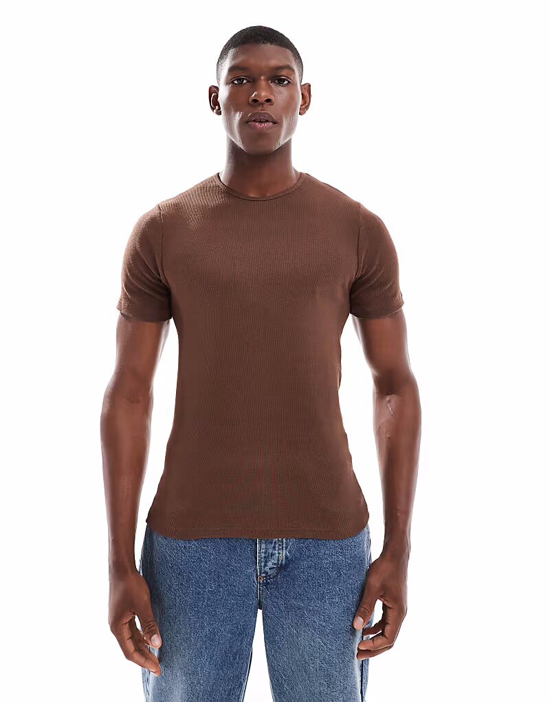 

Футболка свободного кроя в рубчик коричневого цвета Asos Design, Коричневый, Футболка свободного кроя в рубчик коричневого цвета Asos Design