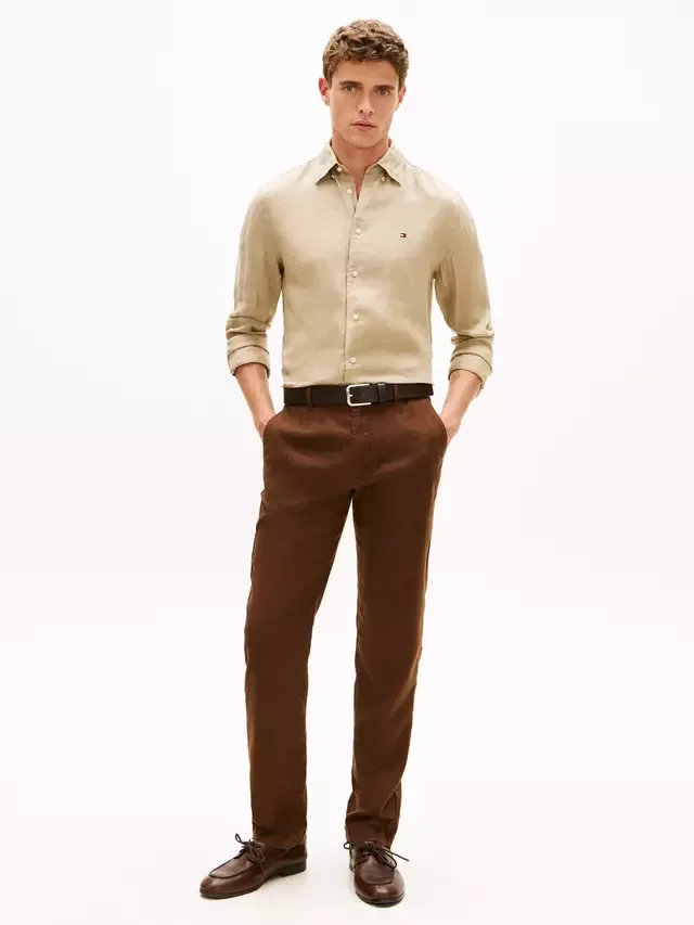 Льняная рубашка прямого кроя с логотипом Tommy Hilfiger, Beige — фото 2