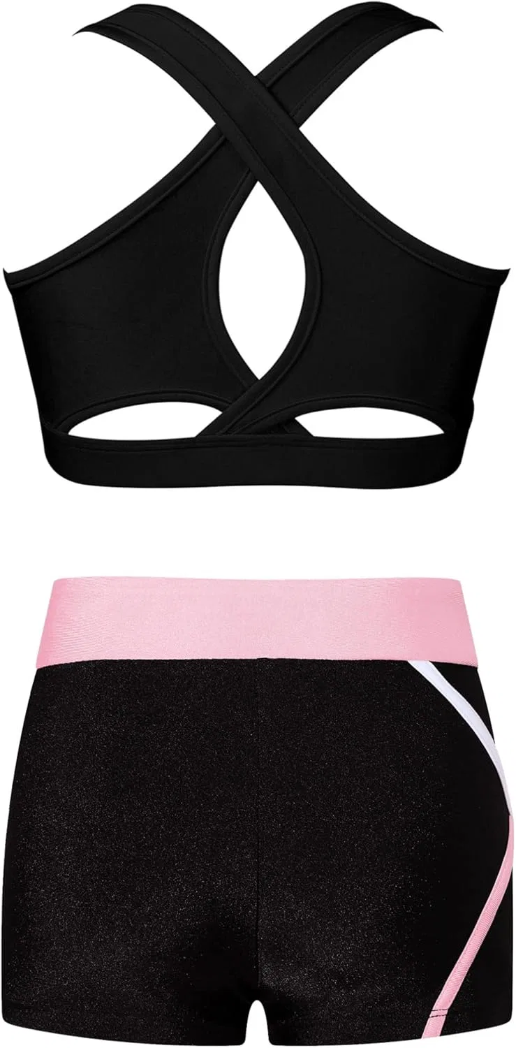 Детский спортивный комплект из топа и шорт TiaoBug, Black&pink — фото 2