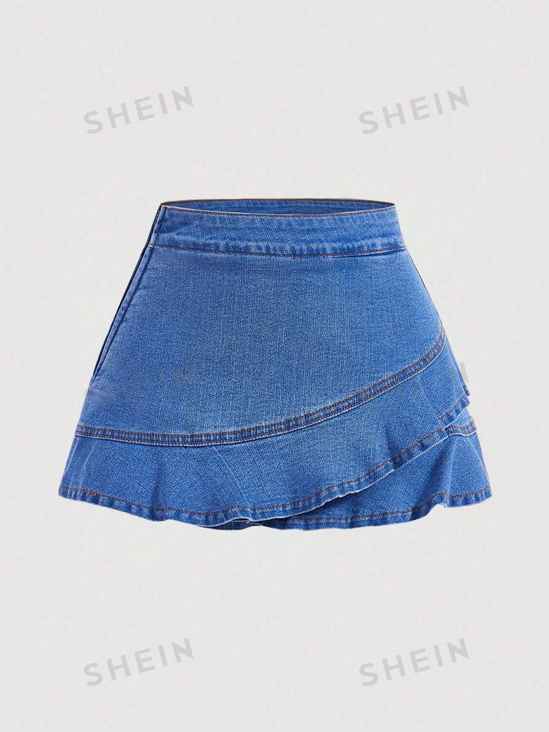 

Шорты джинсовые женские Shein Mod с рюшами по краю, сине-белый
