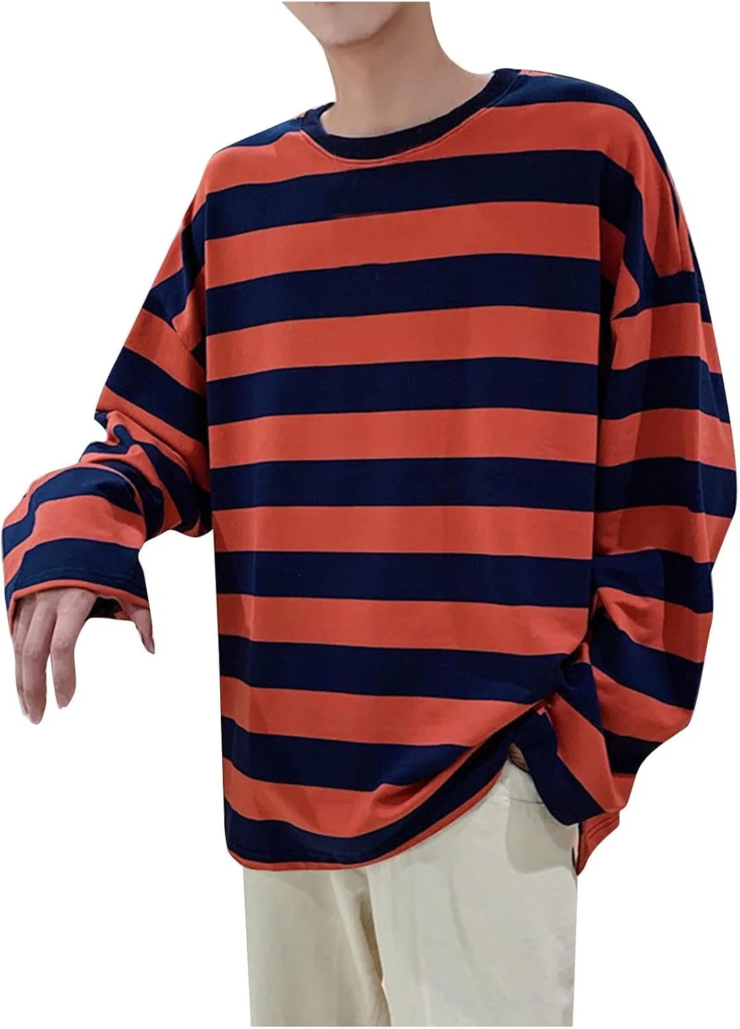 Hlysgo Футболки с длинными рукавами в полоску для женщин и мужчин, повседневные футболки с круглым вырезом, мягкие домашние топы, модная осенняя одежда, оранжевый — фото 2
