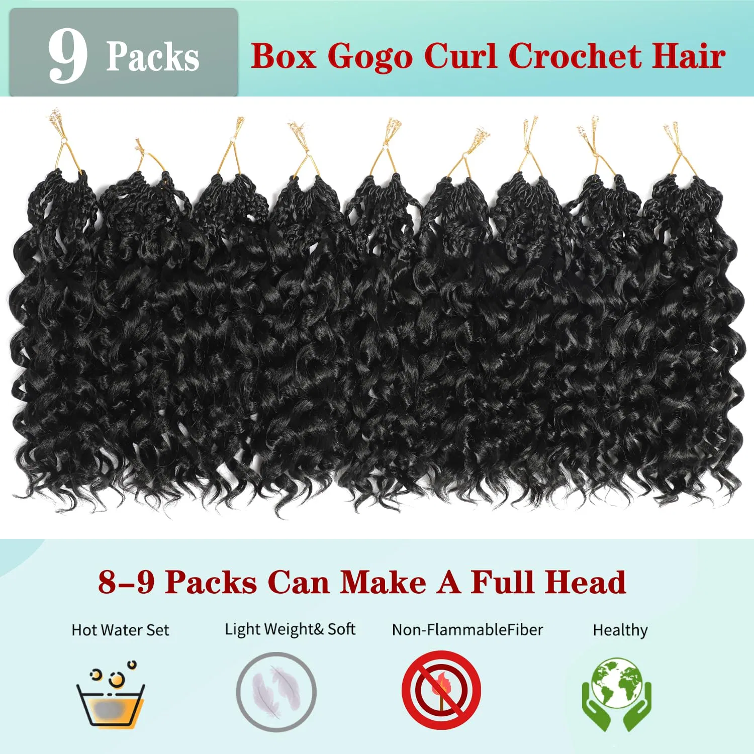 Кудрявые волосы для наращивания GOGO Curly Crochet Hair, 10 дюймов, 9 упаковок Bluonasi, 1B# — фото 2