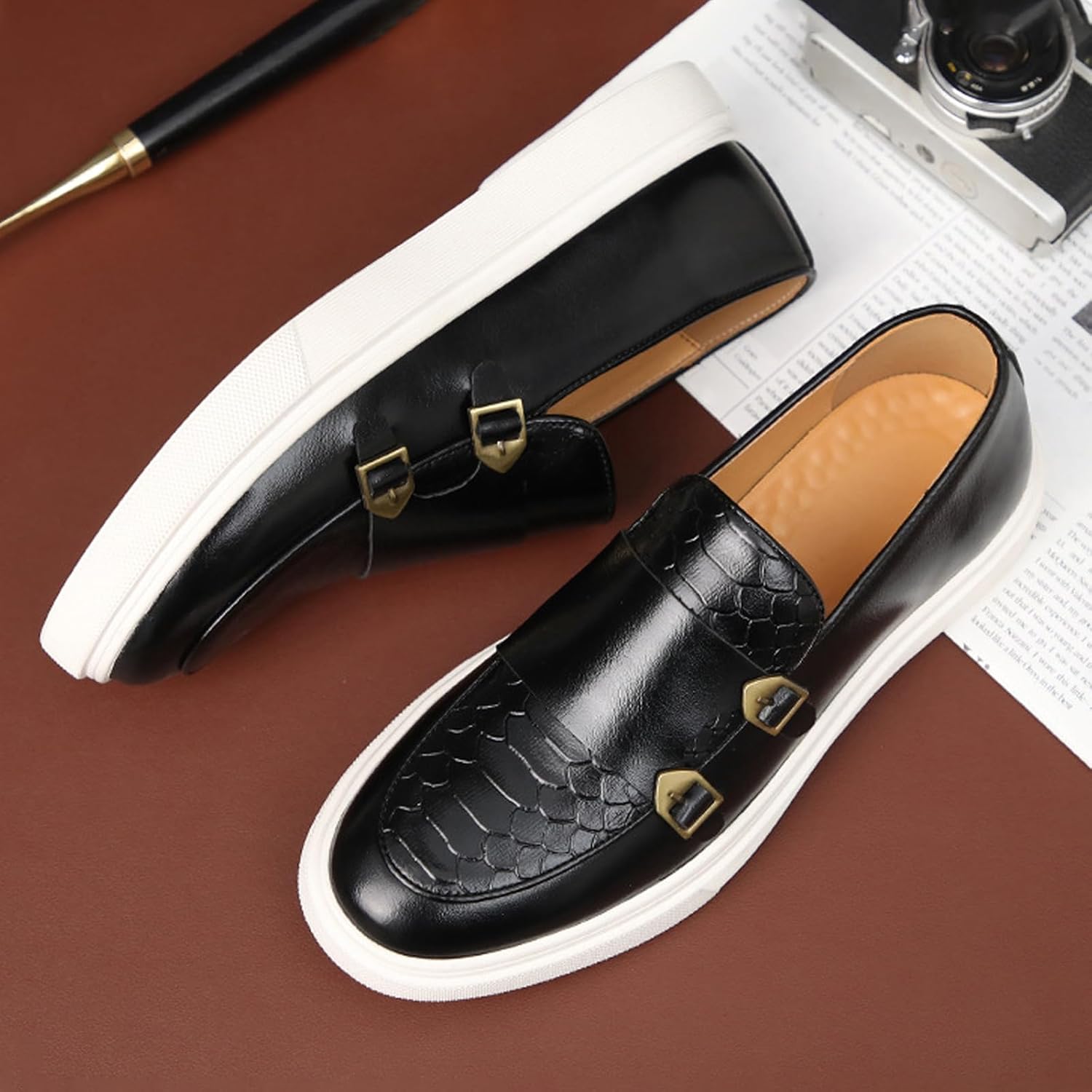 Мужские туфли с двойной пряжкой Monk Strap, повседневные модные классические деловые лакированные кожаные слипоны, лоферы, туфли Penny Loafers Aceptolcom, черный — фото 4