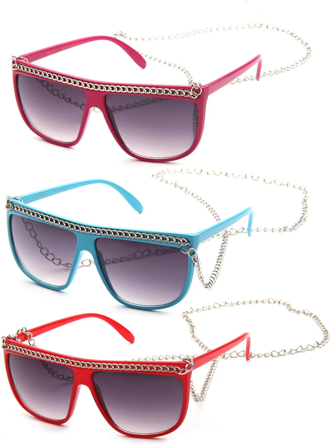 

Женские солнцезащитные очки в стиле ретро с плоской верхней частью и металлической цепочкой на шее Newbee Fashion Sunglasses, 3 Pack Hot Pink, Blue & Red