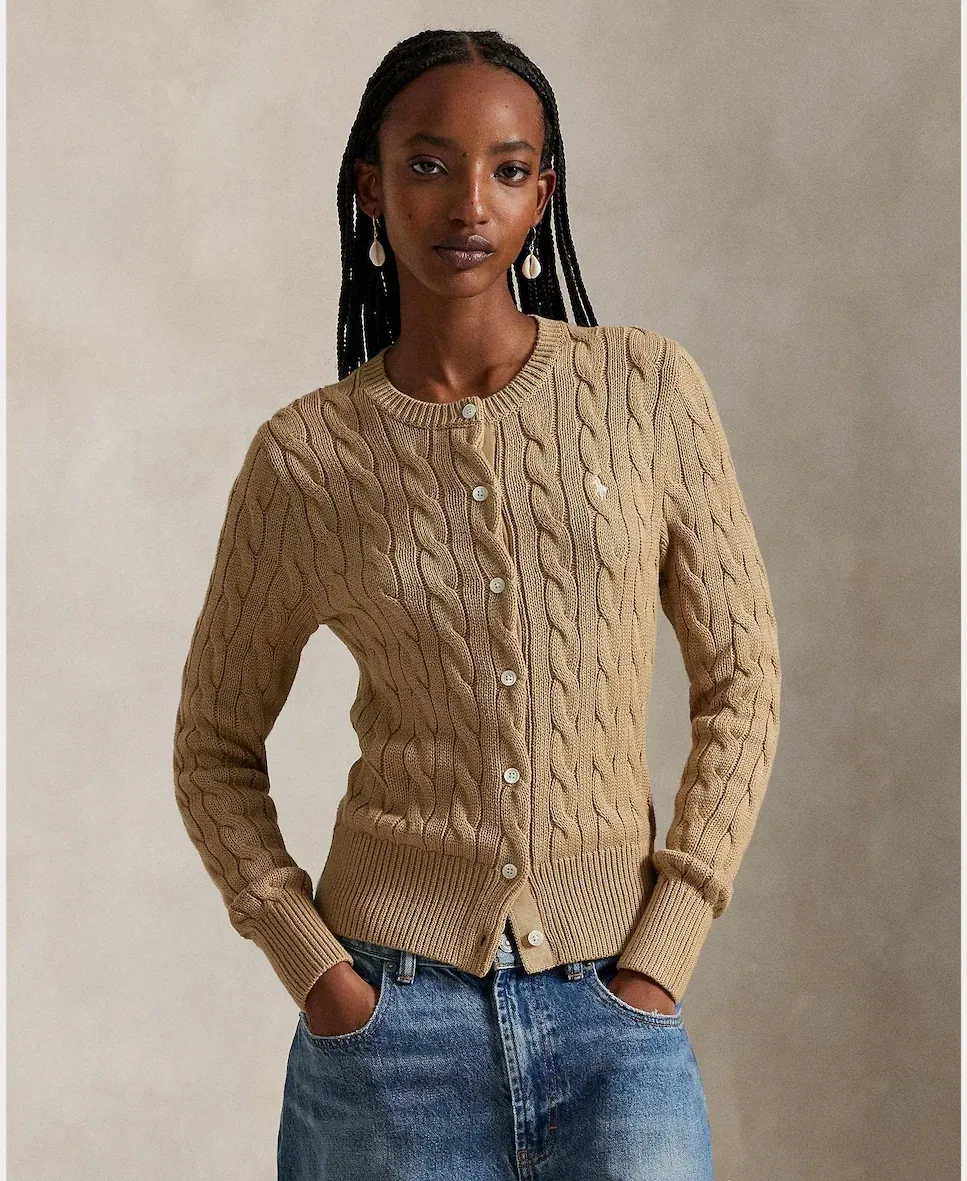 Женский хлопковый кардиган с узором косы Polo Ralph Lauren, бежевый — фото 4