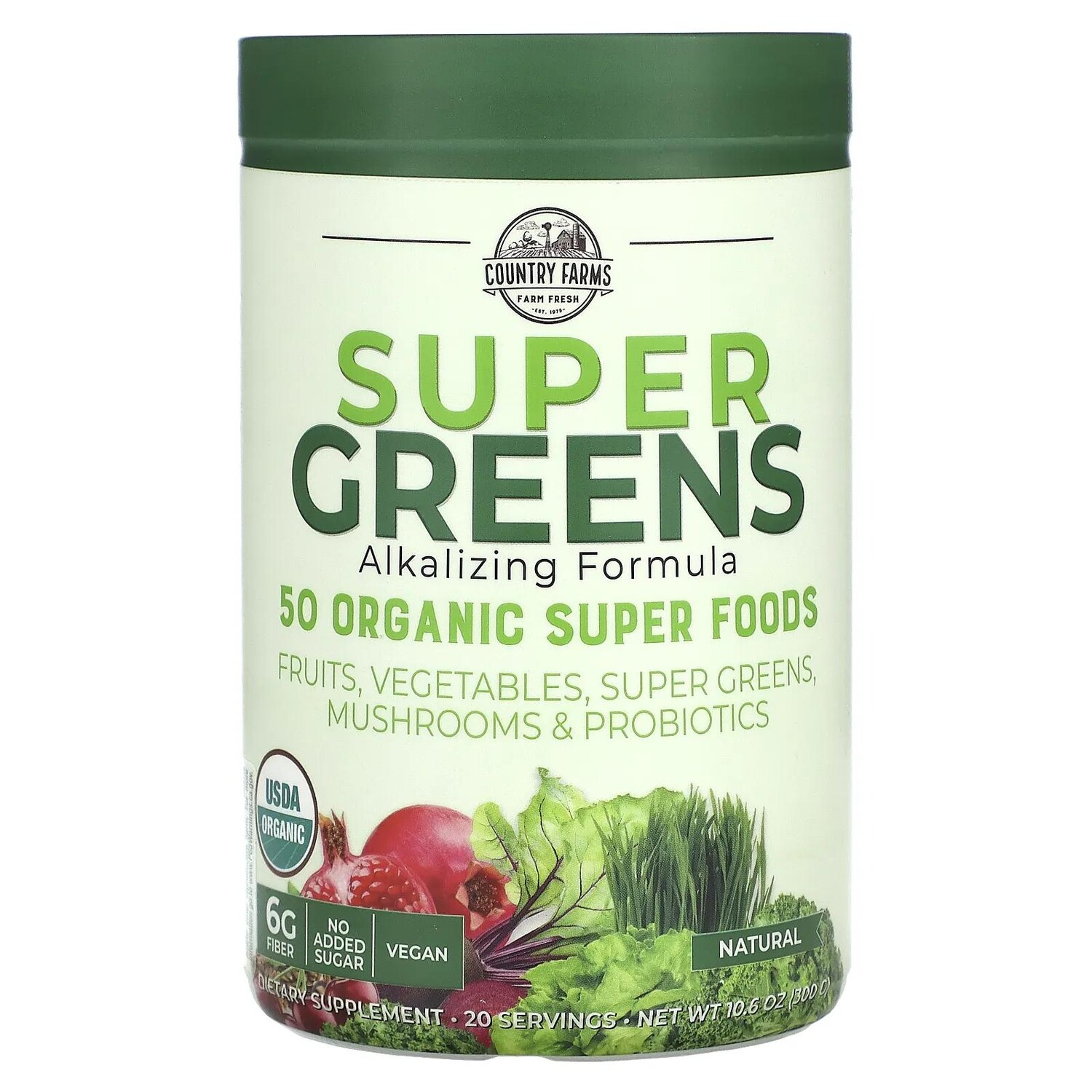 

Country Farms Super Greens сертифицированная органическая формула из цельных продуктов яркий натуральный вкус 10,6 унц. (300 г)