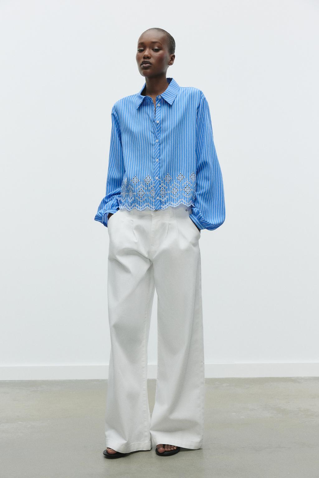 

Рубашка в полоску с ажурной вышивкой ZARA, цвет Blue/White