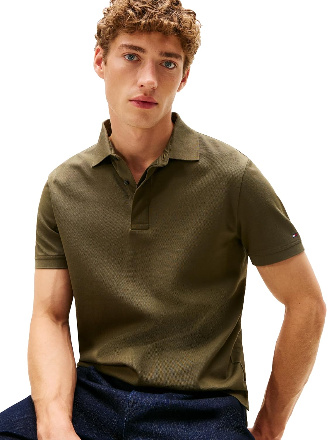 Мужские поло Tommy Hilfiger с коротким рукавом, свободного кроя и скрытыми планками, Army Green — фото 2