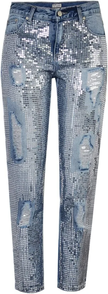 

Recious женские джинсы BF стиль прямые с потертостями и стразами