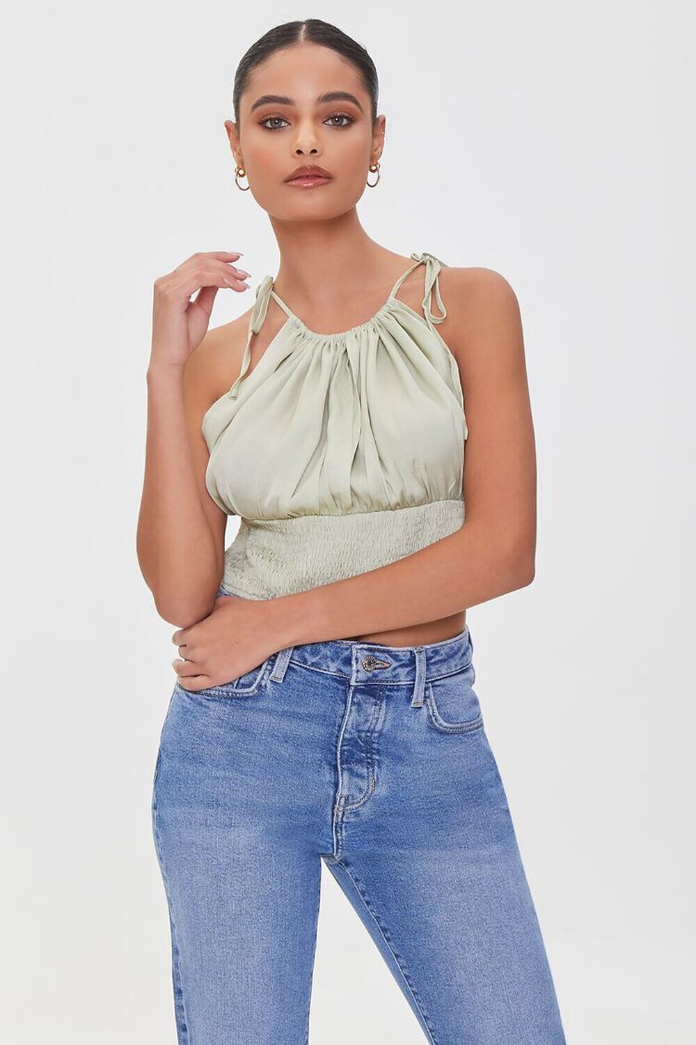 

Майка со сборками на завязках Forever 21, шалфей