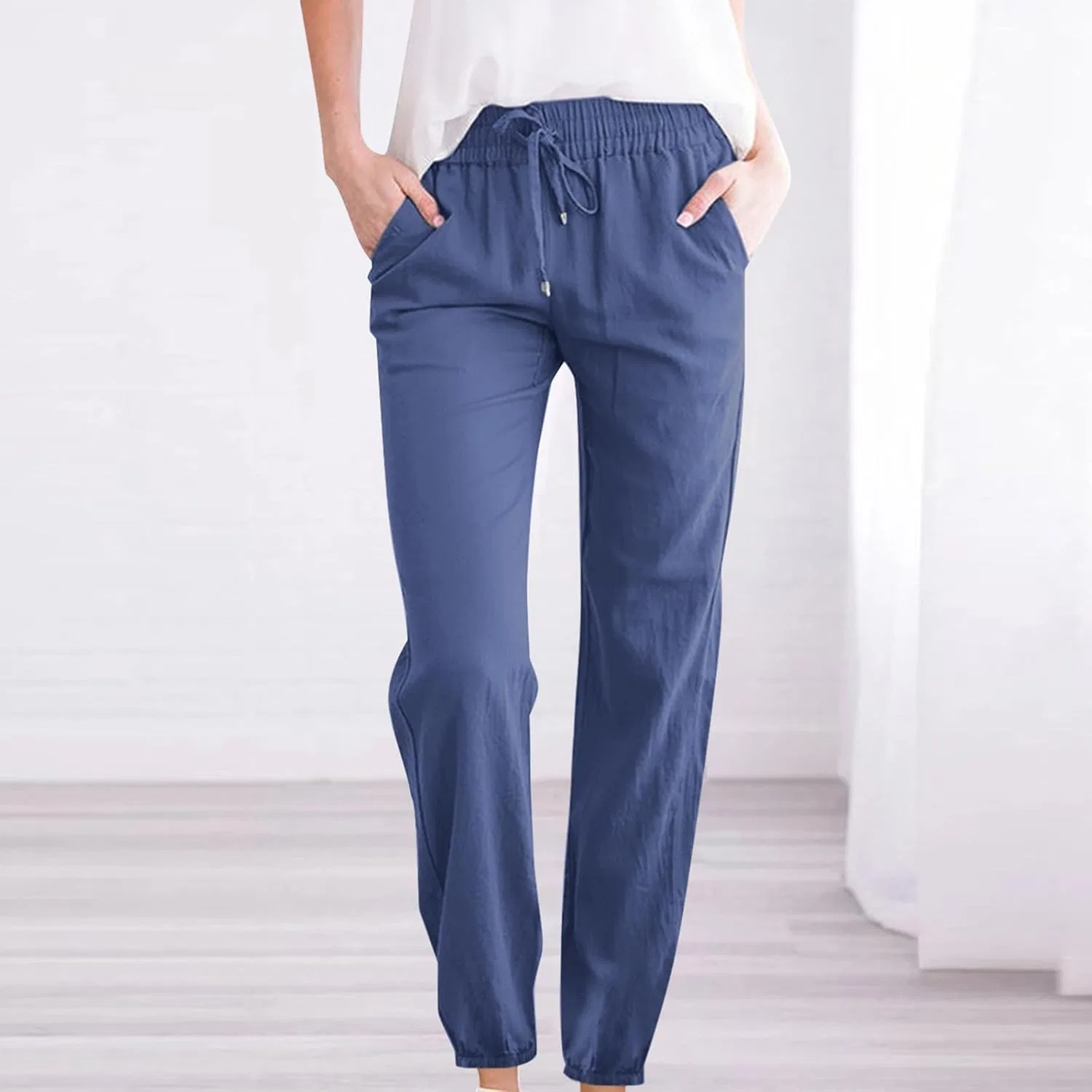 Штаны женские с высокой талией, широкие, Cotton Linen, A02_blue — фото 2