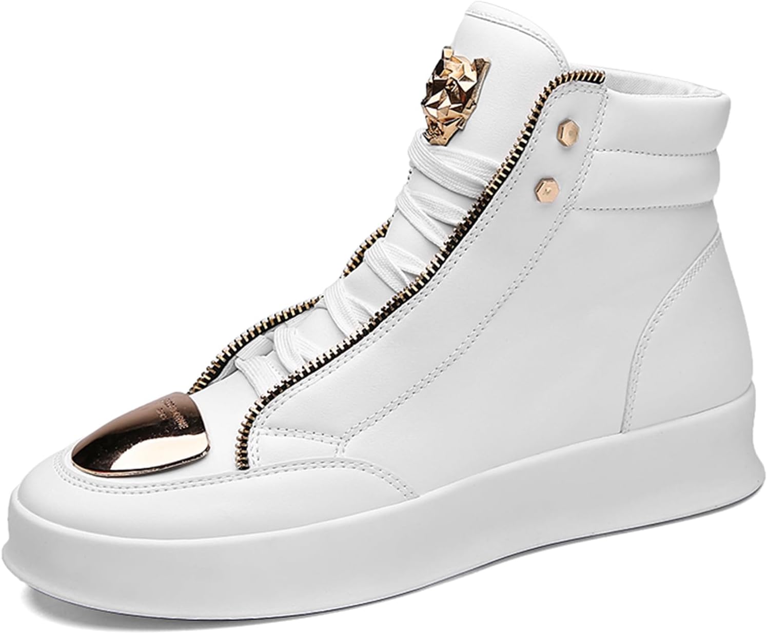 

Мужские высокие кожаные кроссовки на шнуровке с платформой, удобные, противоскользящие, с металлическим декором, в корейском стиле, модные повседневные обувь для работы, уличных танцев Qklmwes, белый