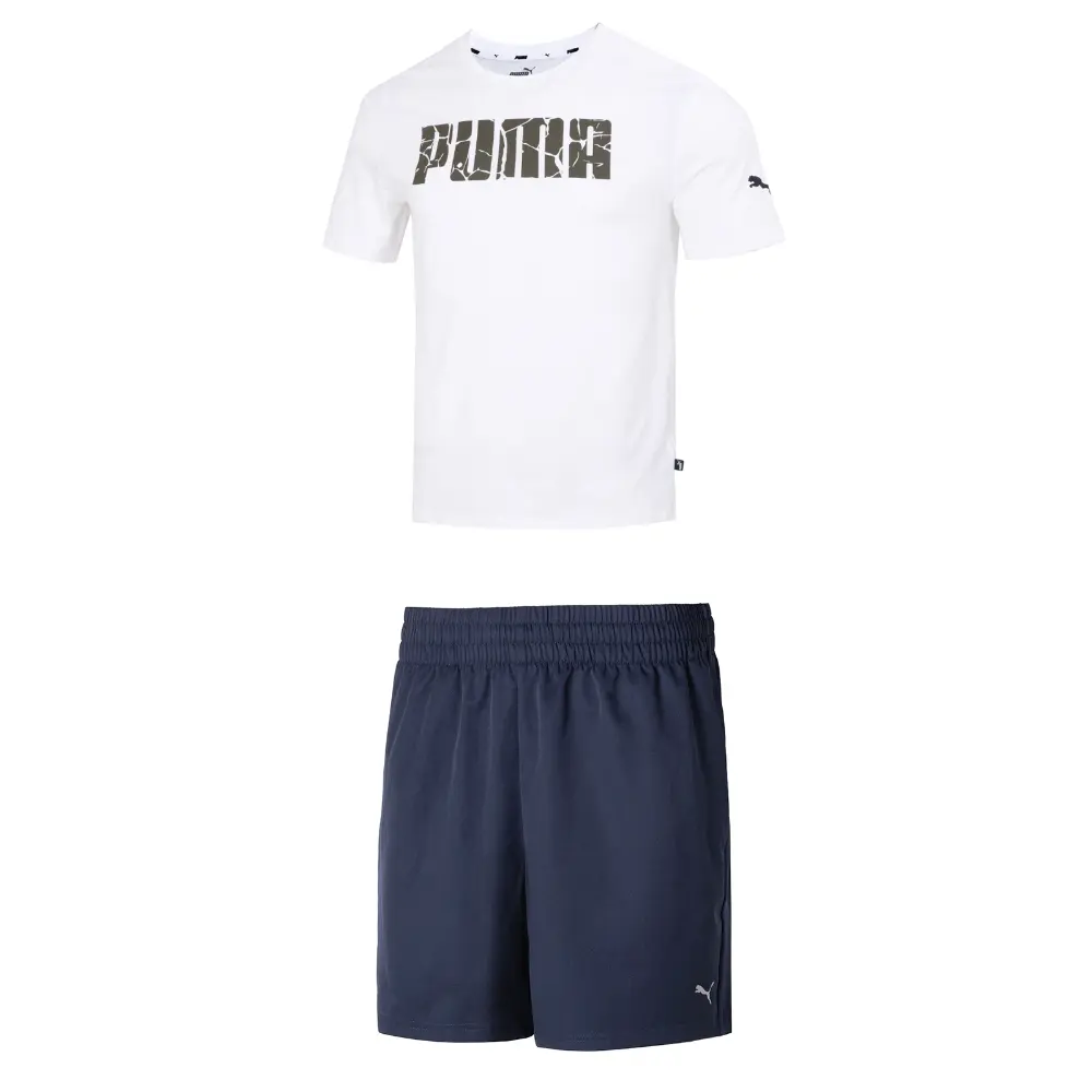 

Повседневный спортивный мужской комплект: белый топ + синие шорты Puma, белый