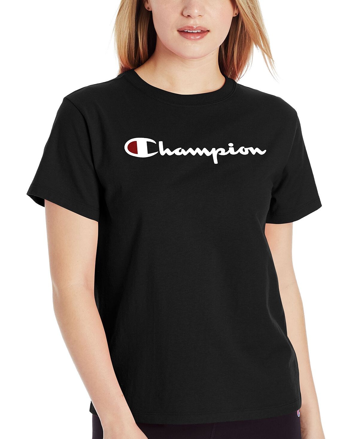 

Женская хлопковая классическая футболка с круглым вырезом и логотипом Champion, черный