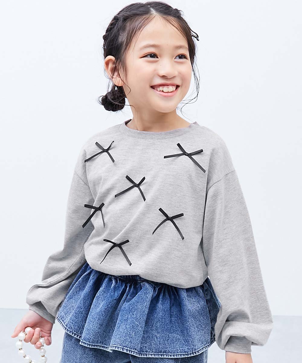 Детская футболка с длинными рукавами и закругленным низом Tokimeki Ribbon Round Hem Long Sleeve T-Shirt для девочек, размер 26SS Devirock, Heather Gray