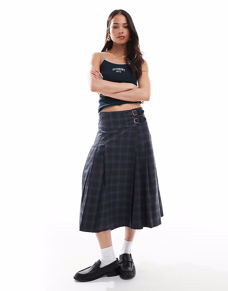 

Юбка миди в складку Superdry Check в клетку темно-серого цвета