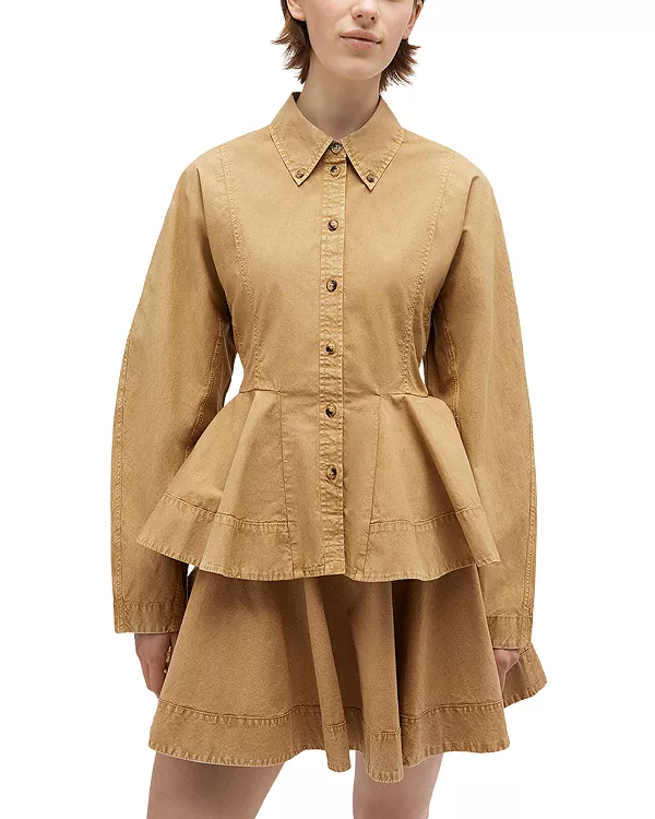 

Рубашка с баской из эластичной ткани, прошедшая стирку. Ganni, коричневый