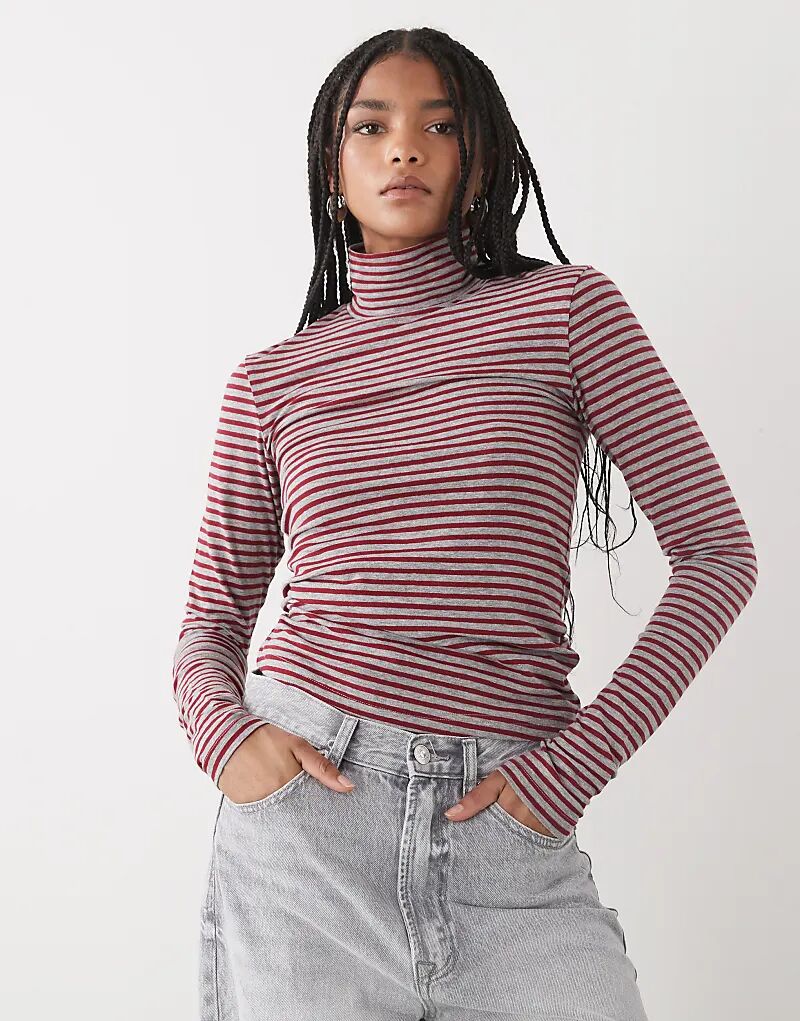 

Лонгслив Weekday с длинным рукавом и приталенным воротником в красную и серую полоску