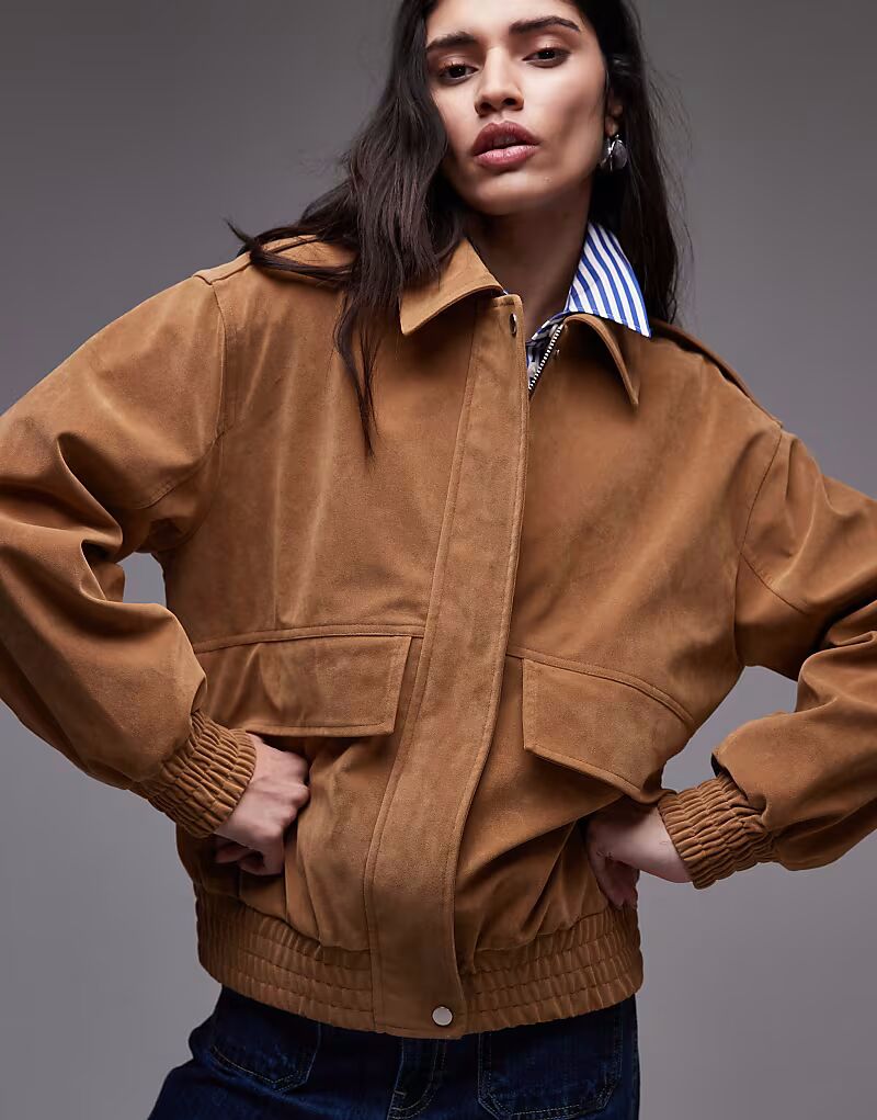 

Куртка-бомбер oversize из искусственной замши Topshop в коричневом цвете