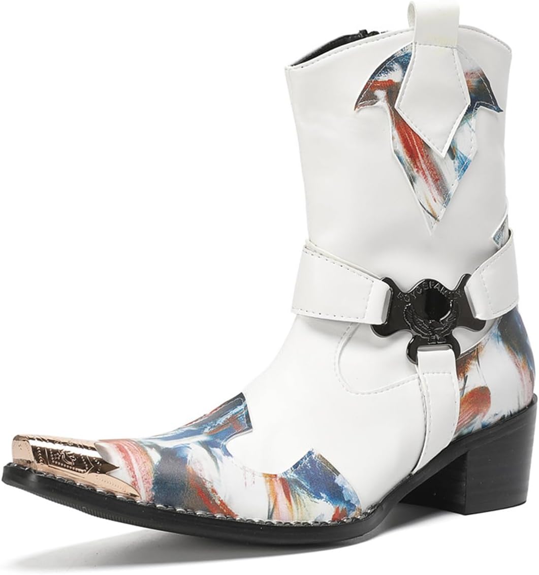 

Мужские ботинки Abborora Cowboy для торжественных и повседневных случаев, из натуральной кожи, высокие, с металлической отделкой, застежкой-молнией, западного стиля, модные, для свадьбы, певца, вечеринки, бального зала, ботинки Челси, белый