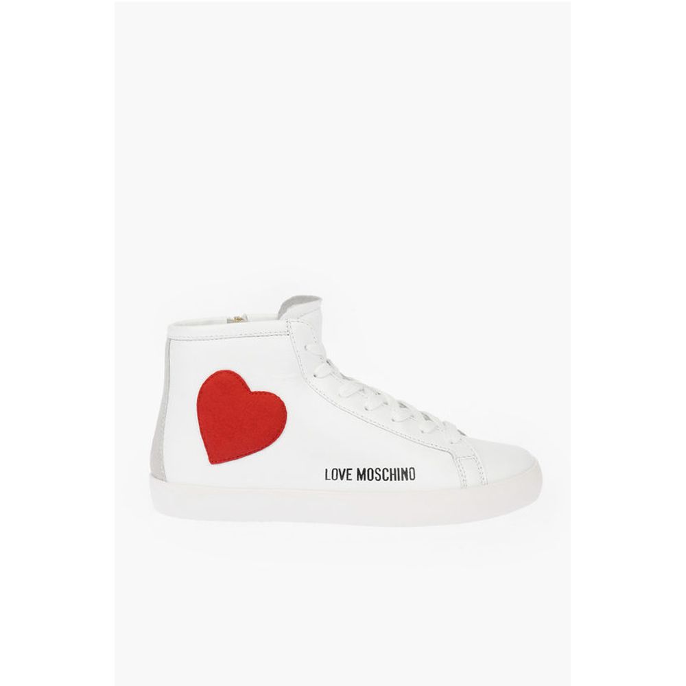 Высокие кожаные кеды LOVE с бархатным сердцем и боковыми вставками Moschino, White — фото 3