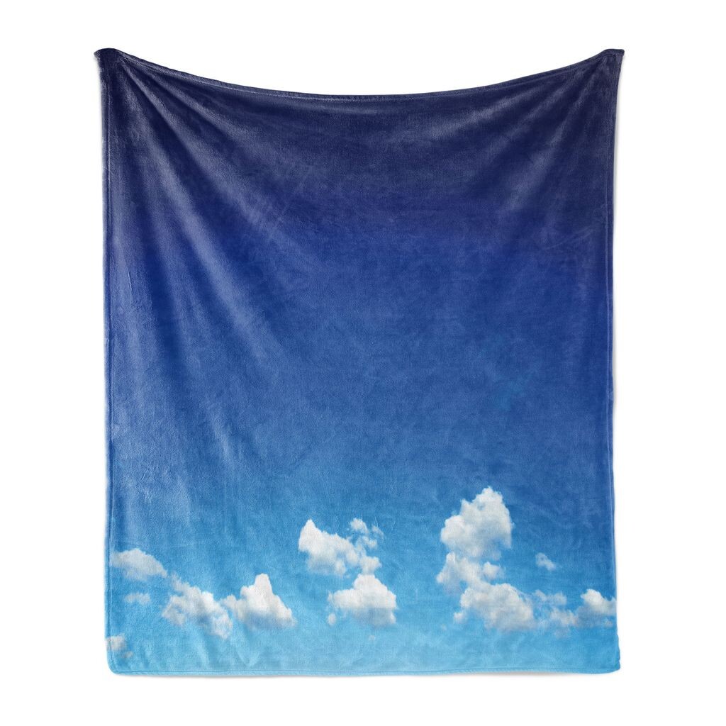 

ABAKUHAUS Blue Sky Мягкое фланелевое флисовое одеяло, Белый пышный облачный пейзаж для уличной сцены, 175 x 230 см, Кобальтово-синий, лазурно-синий