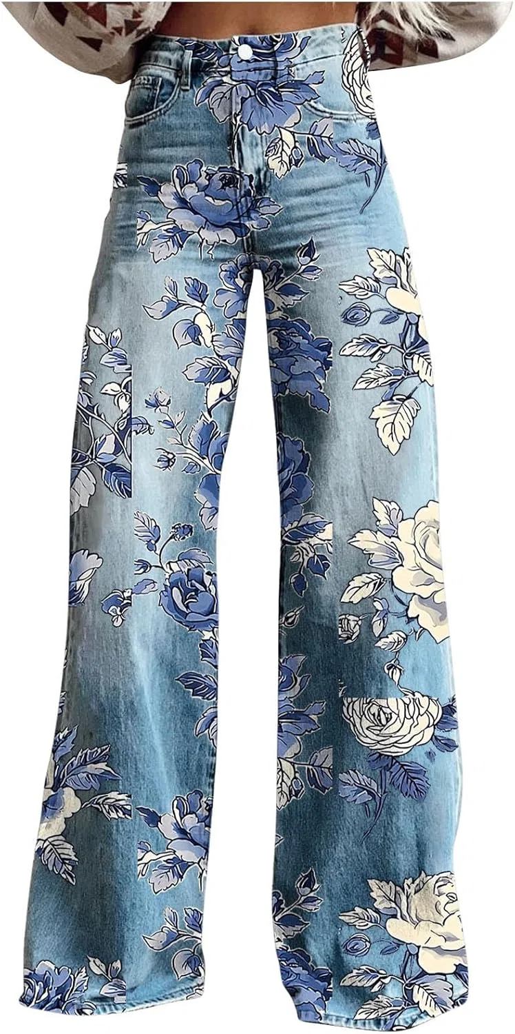 Джинсы с цветочным принтом, Wide Leg, Blue