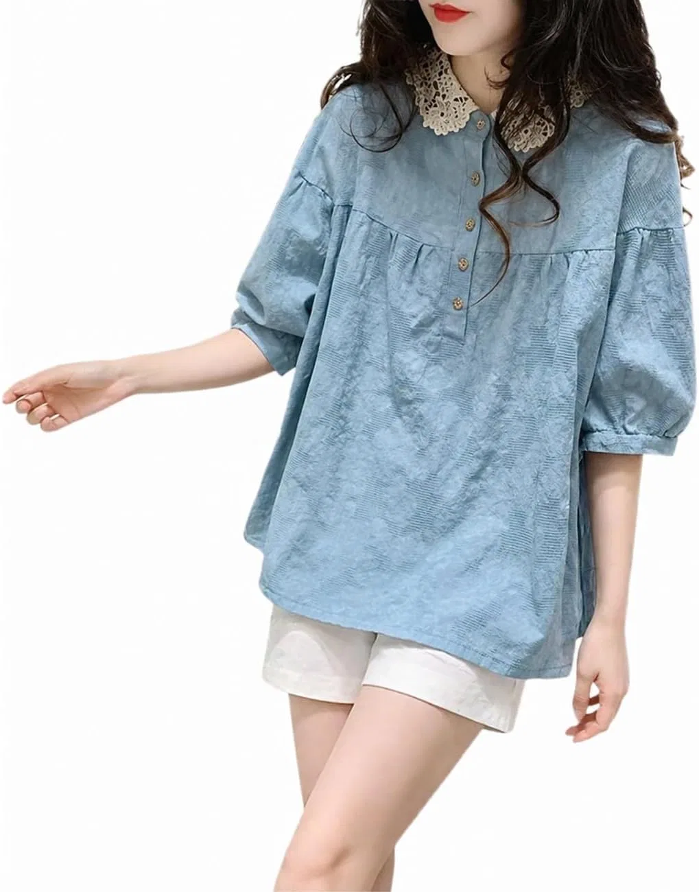 Блуза с жаккардовым узором, A-силуэт, светло-синий