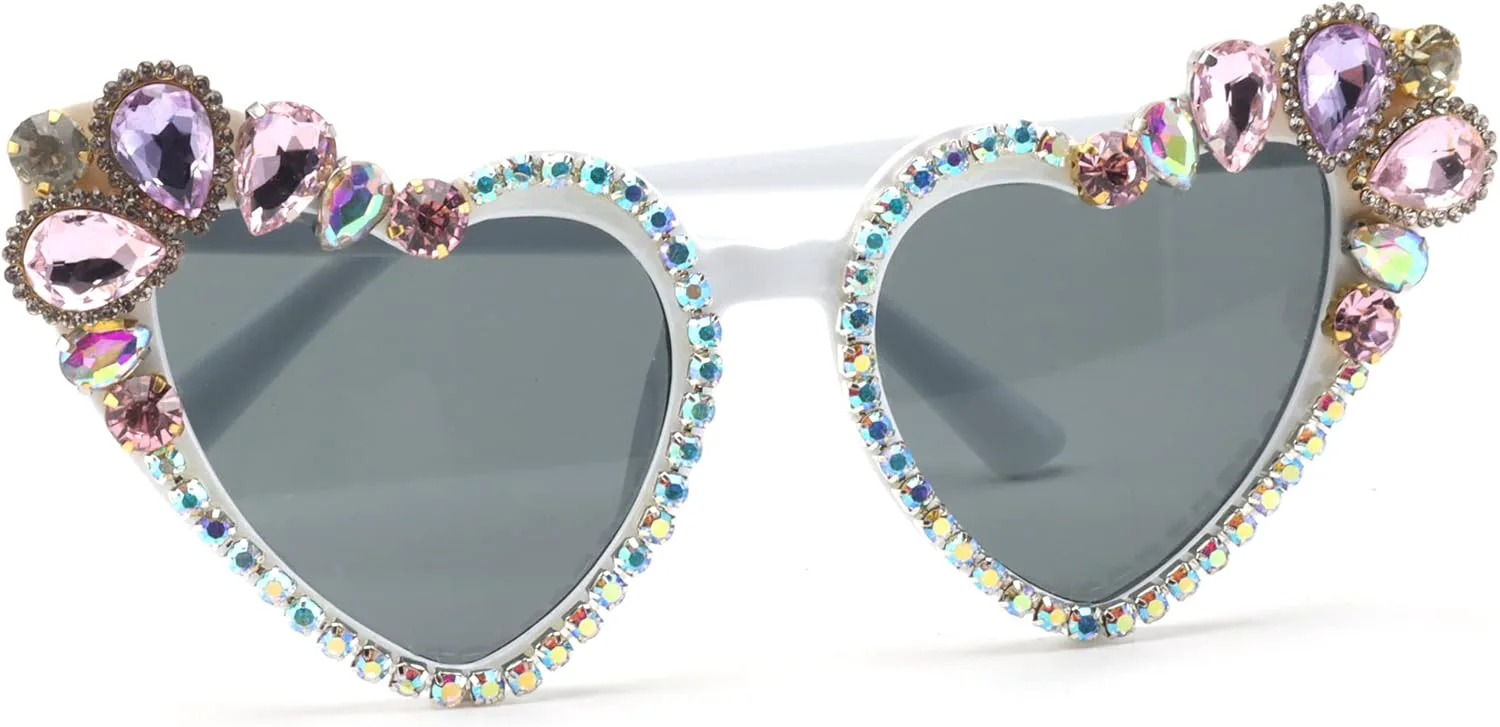 

Солнцезащитные очки в форме сердца со стразами для женщин, винтажные, с бриллиантами, большие, для вечеринок, с защитой от ультрафиолета UV400 bullabulling, White