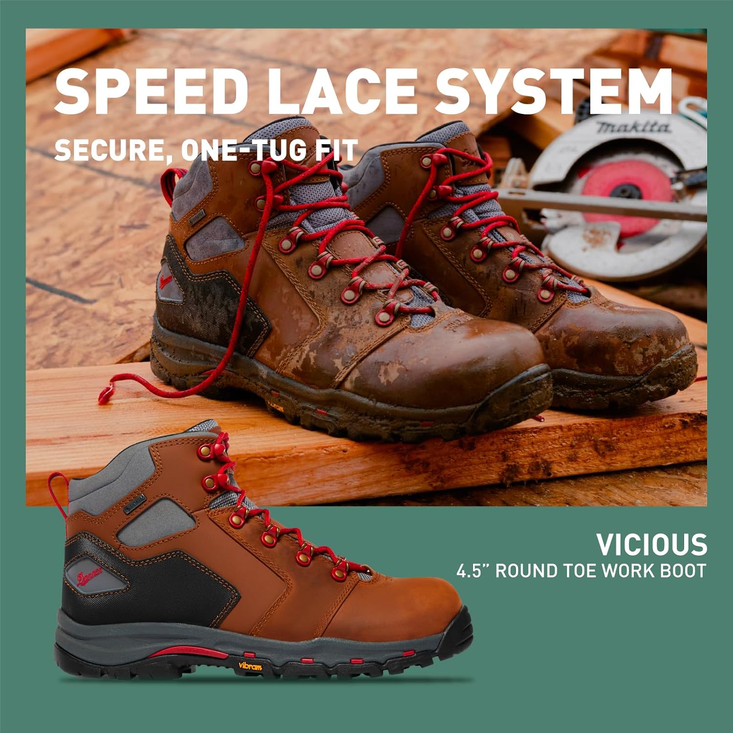 Мужские ботинки Danner Vicious 4,5 водонепроницаемые - из кожи полного зерна с дышащей подкладкой Gore-Tex, системой быстрого шнурования и противоскользящей подошвой с каблуком, красный/коричневый — фото 2