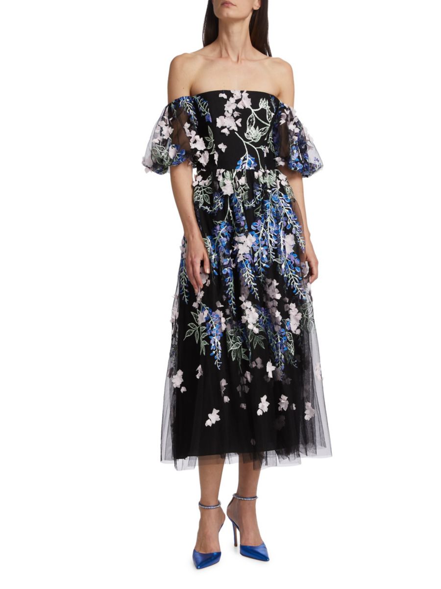 

Платье миди с открытыми плечами и цветочным принтом Marchesa Notte, цвет Black Blush