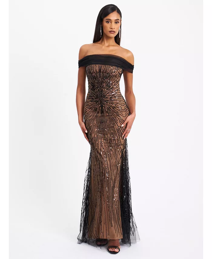 

Женское платье Qeturah с открытыми плечами, расшитое пайетками и сетчатой ​​отделкой Miss Circle, черный