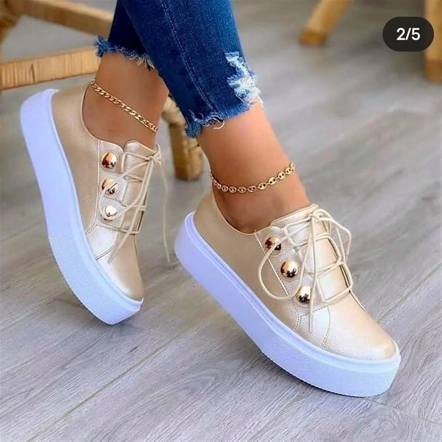 Женские кроссовки Gikleihwy на платформе, круглый носок, заклепки, золотистые — фото 4