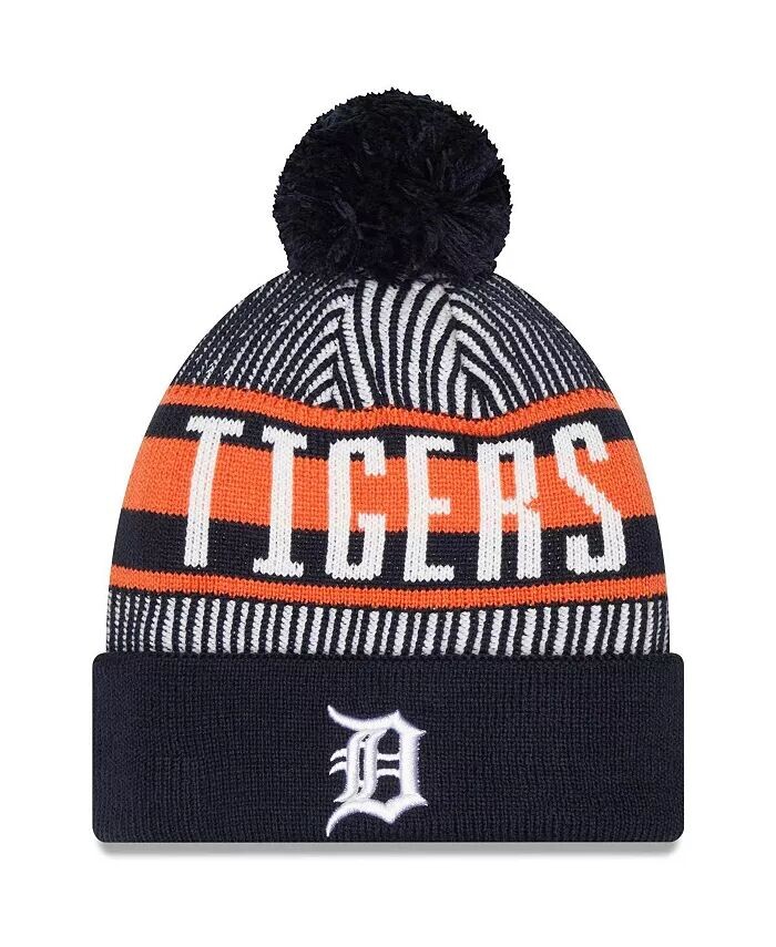 

Мужская темно-синяя вязаная шапка в полоску с манжетами и помпоном Detroit Tigers New Era