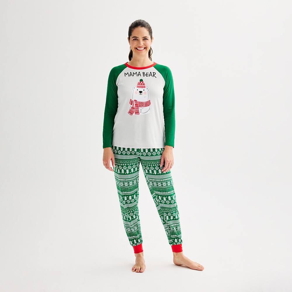 

Женские брюки Jammies For Your Families: пижамный верх с медведем и пижамные штаны для бега, цвет Green Fairisle