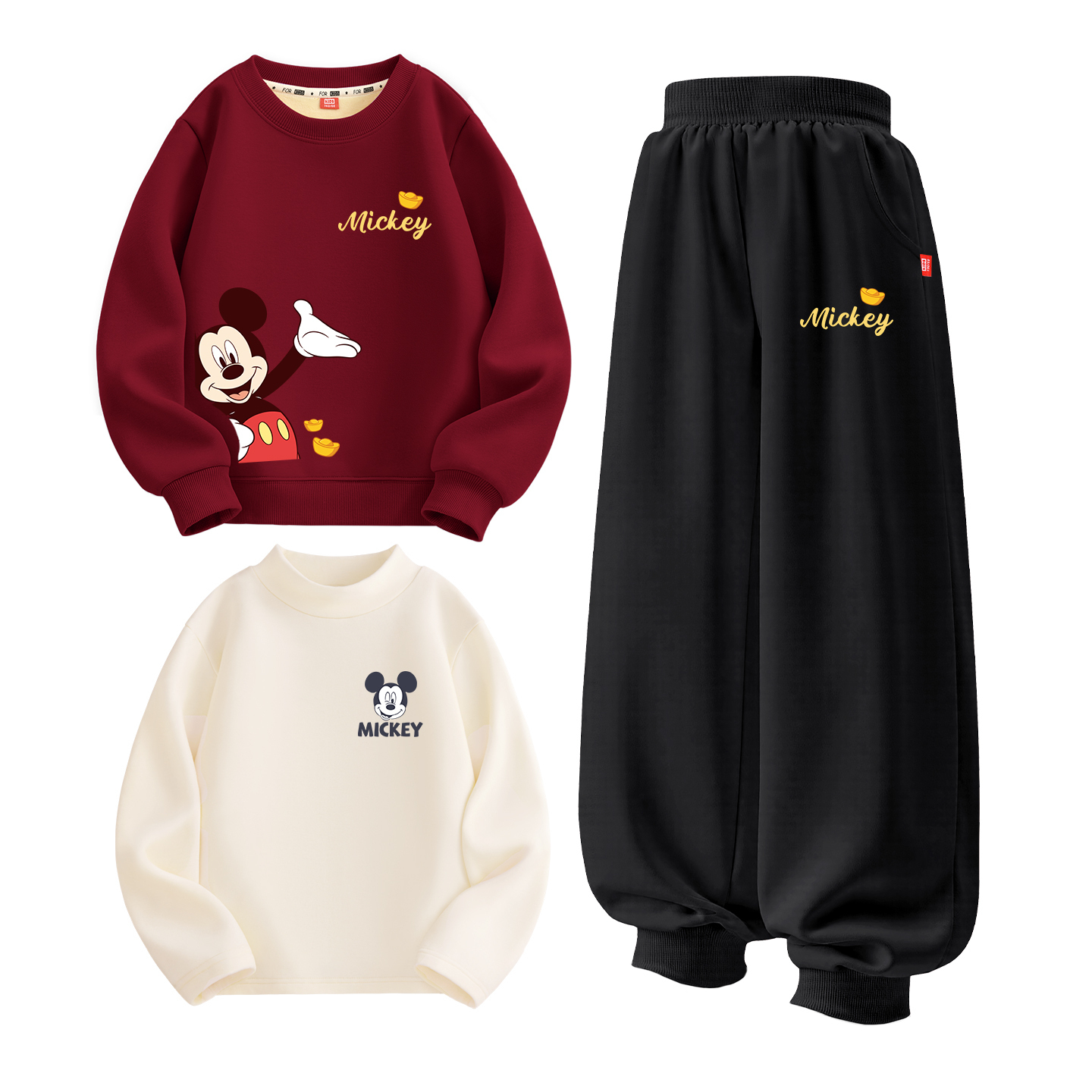 Детская повседневная спортивная одежда с утеплением Disney, [thickened and fleece-lined three-piece set]new year's special right upper бордовый+new year's special k graphite серый+new year's special k milk белый — фото 3
