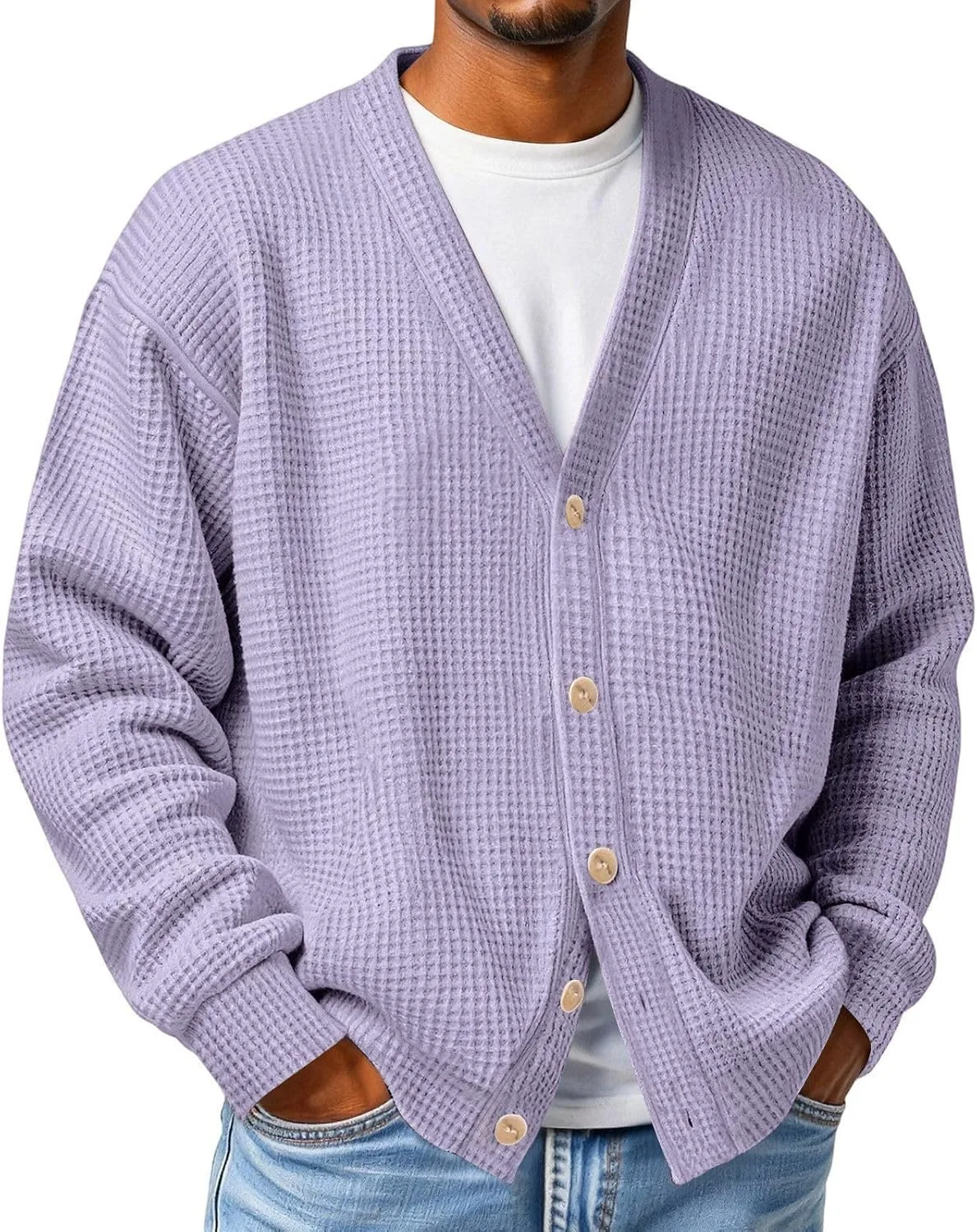 

Мужской кардиган свитер с вафельной вязкой, длинный рукав, на пуговицах