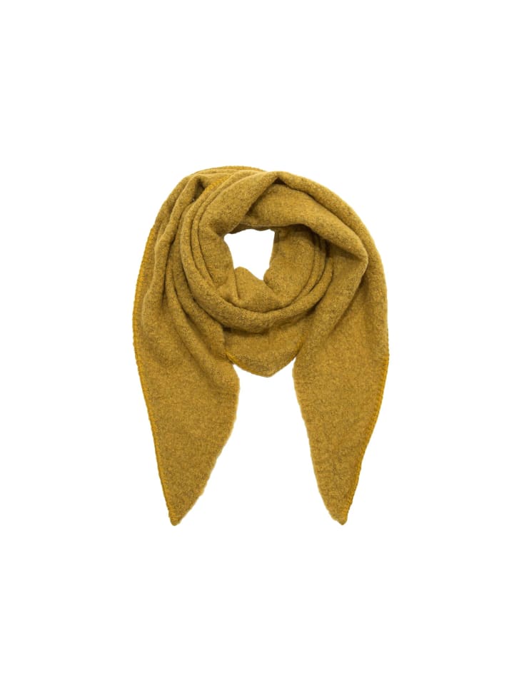 

Уютный треугольный шарф букле горчичного цвета из материала Faera