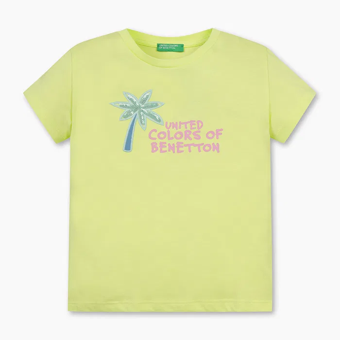 Детская жёлтая футболка с блестящим акцентом от Benetton Kids