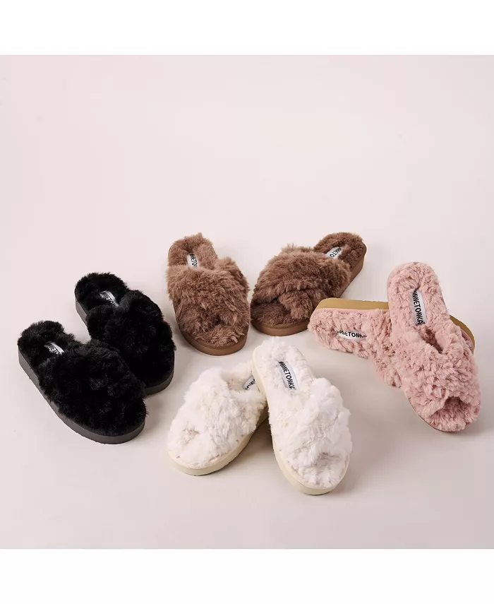 Женские тапочки с перекрестными ремешками из искусственного меха Teddy Minnetonka, черный — фото 3