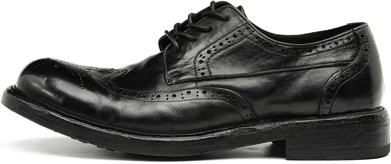 Мужские классические туфли Santimon Goodyear-Welted Wingtip Derby - Верх из натуральной кожи коровы и ручная работа с брогированием Oxford с просторным носком для деловых мероприятий и свадеб, черный — фото 2