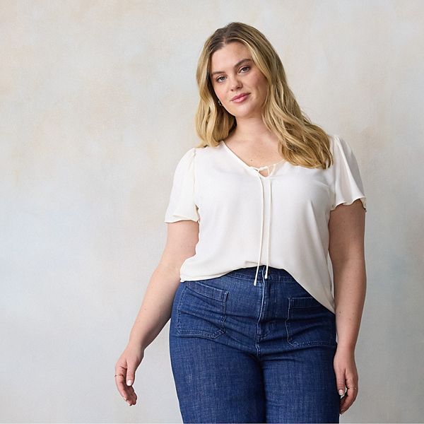 

Блузка Plus size с коротким рукавом, V-образным вырезом и завязками Lc Lauren Conrad, Ivory Silk