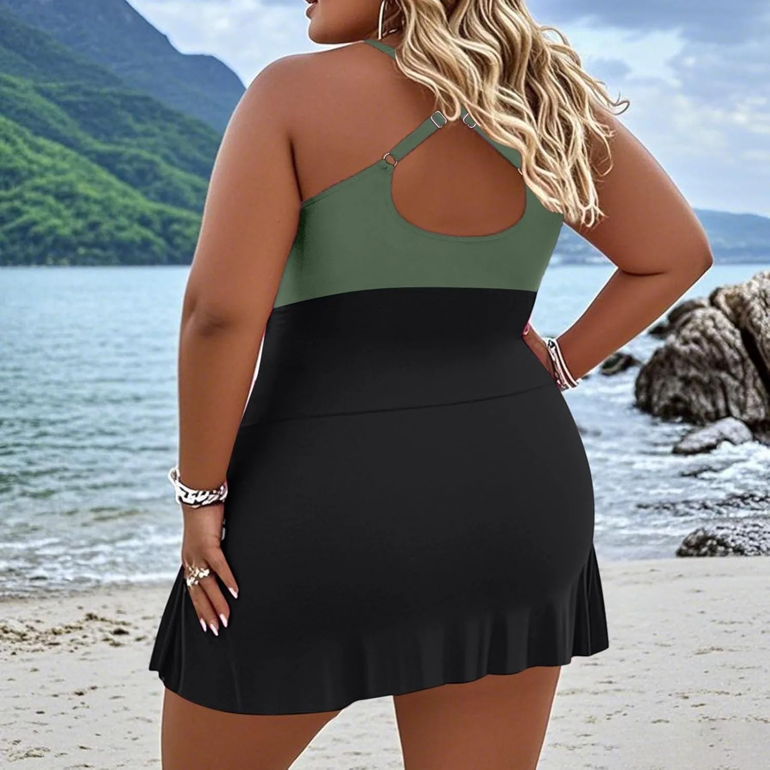Купальник-платье для женщин Plus Size с контролем живота, скрученным передом и плиссированной юбкой Generic, зеленый — фото 3