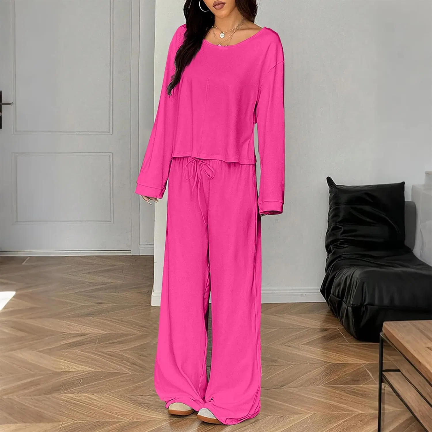 Женский спортивный костюм из толстовки и широких брюк, Hot Pink — фото 4