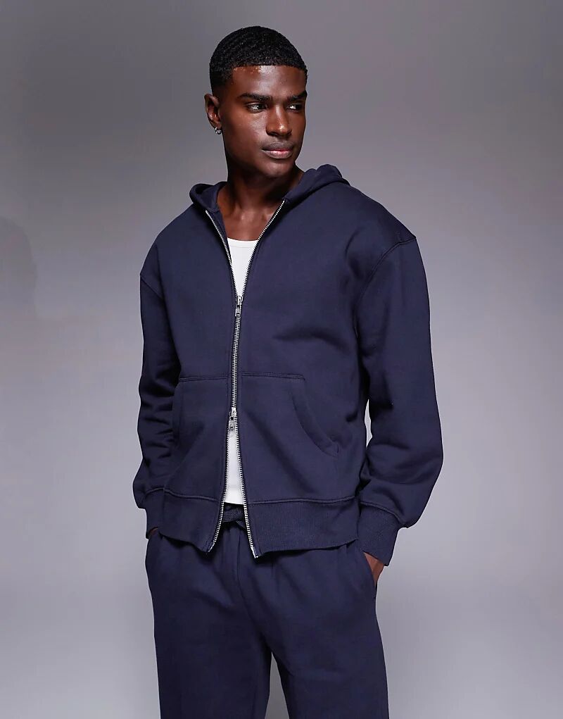 

Толстовка ASOS DESIGN премиум-класса из плотной ткани свободного кроя с застежкой-молнией плотностью 400 г/м², темно-синего цвета