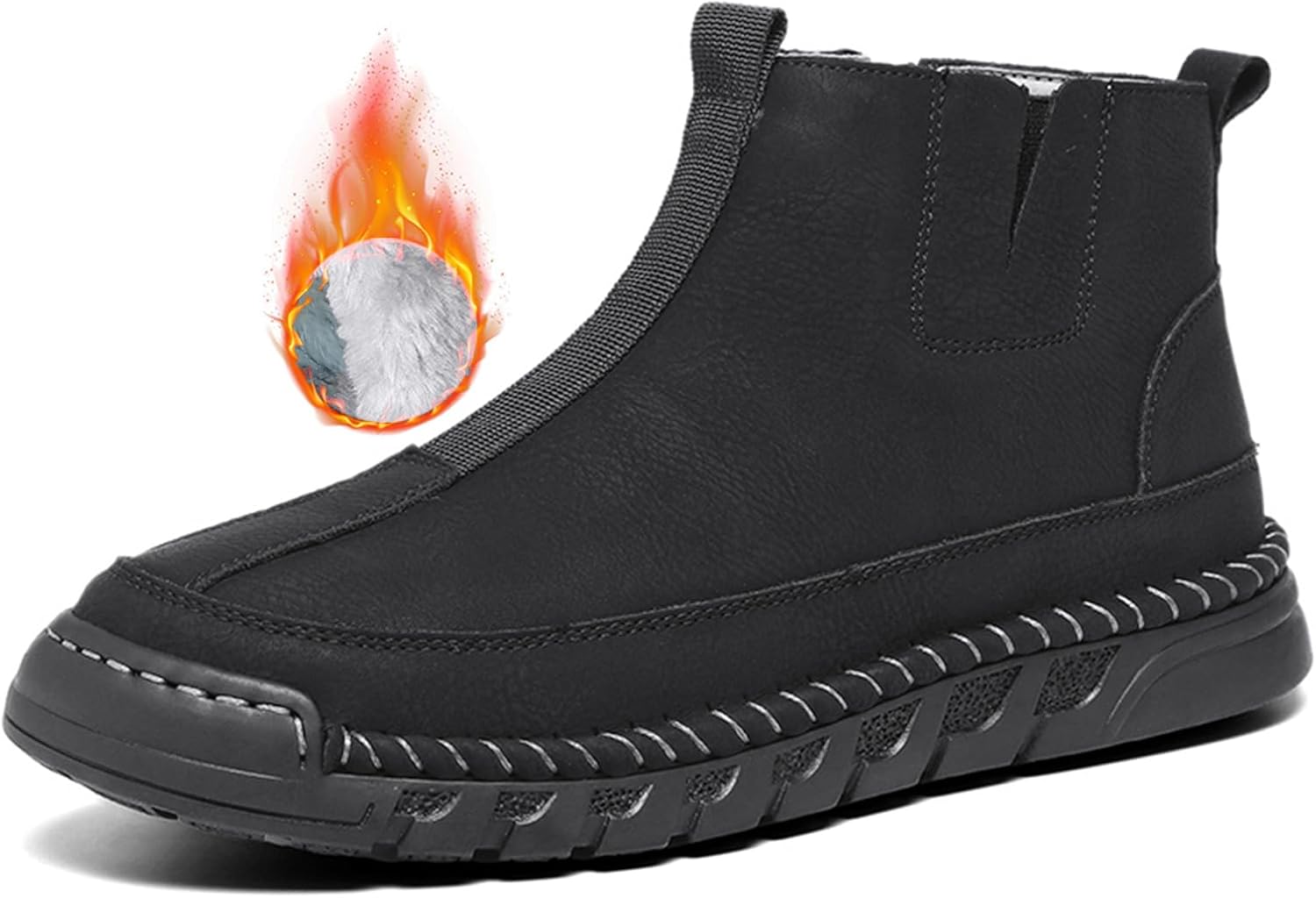 

Мужские водонепроницаемые кожаные ботинки Чукка для походов, кемпинга и вождения, модные, с теплой подкладкой из меха, ручная строчка, круглый носок, боковая молния, ботинки на щиколотку Glbdu, Black-fur