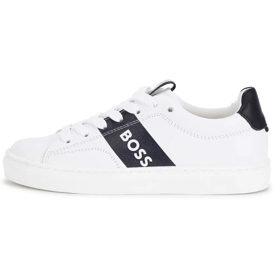 Кожаные кроссовки Hugo Boss Kids с логотипом и полосками, белый — фото 2