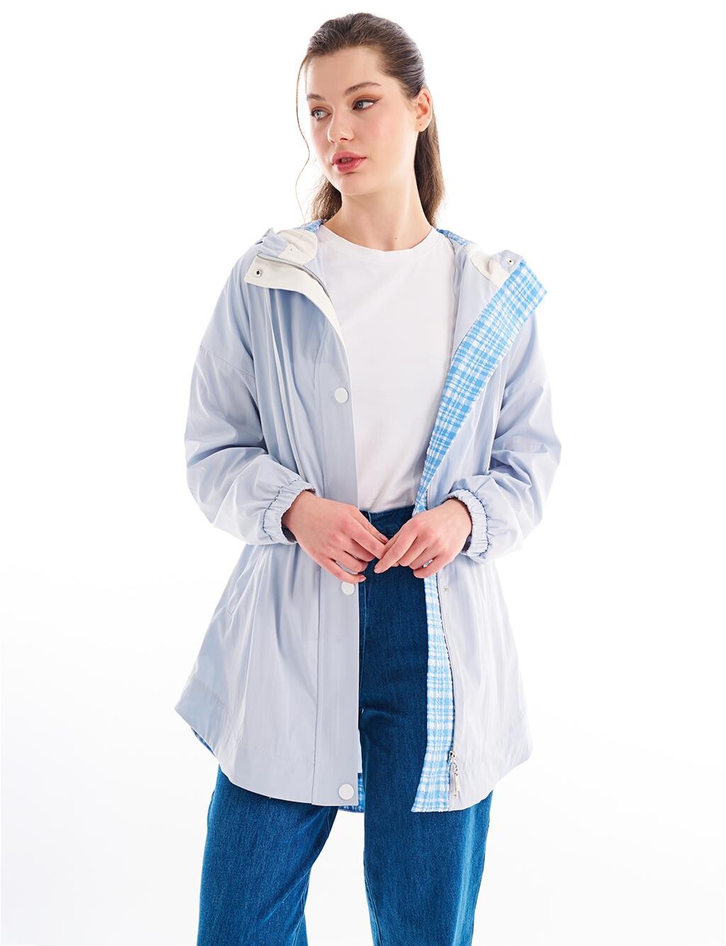 

Тренч с капюшоном из ткани с украшением, синяя Kayra