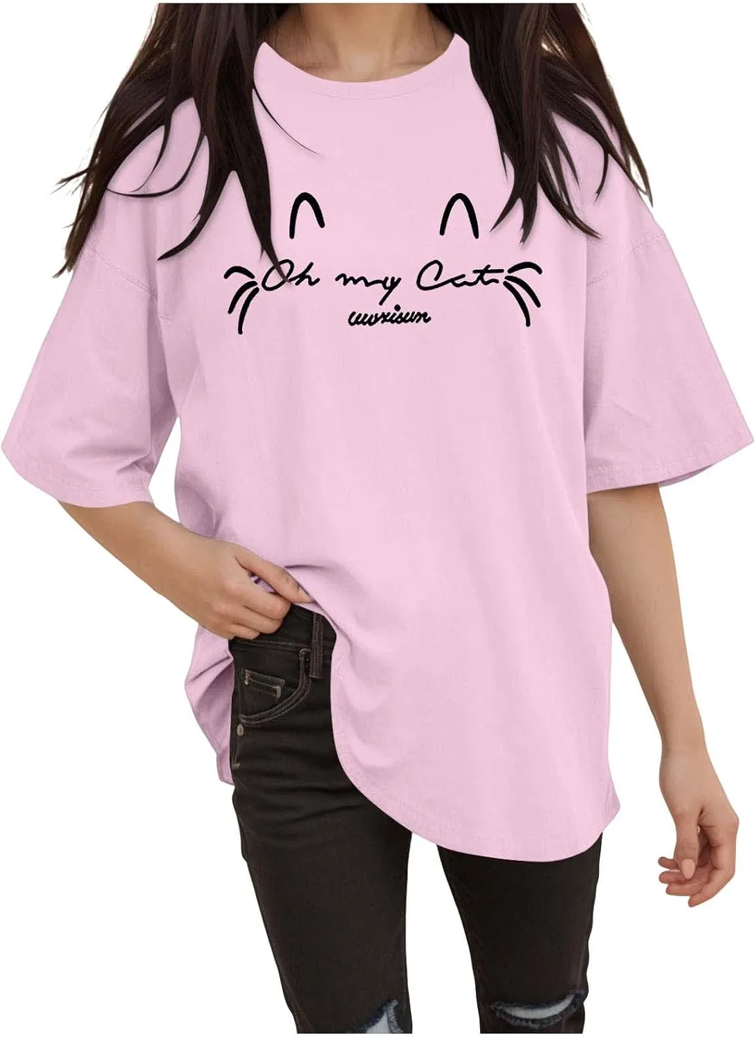 Блуза с круглым вырезом, свободная, Women's Short Sleeve T-Shirt, розовый